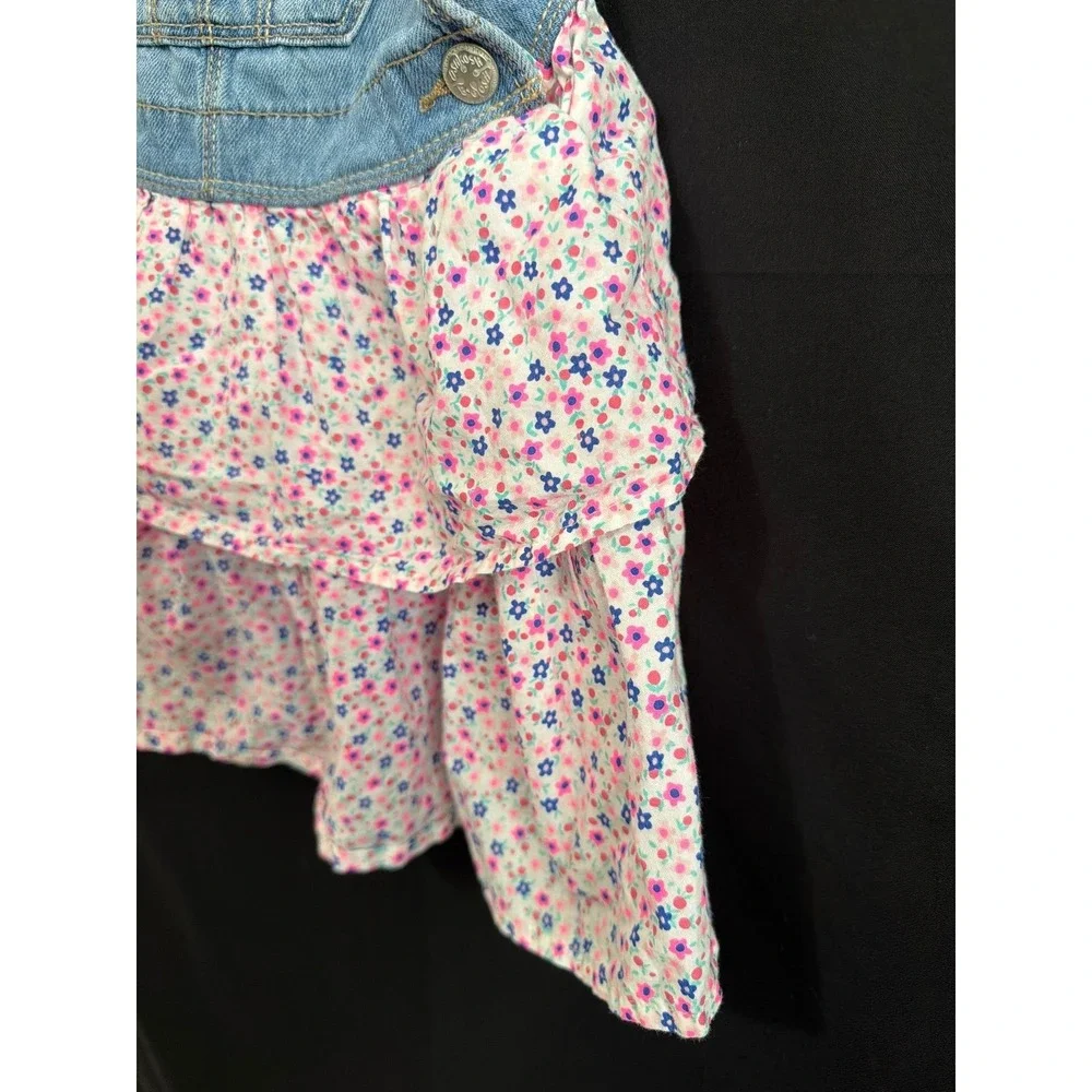 OshKosh B'gosh Overall Dress 4T Blue Pink Floral Ruffle Denim Skirtall OSH11771